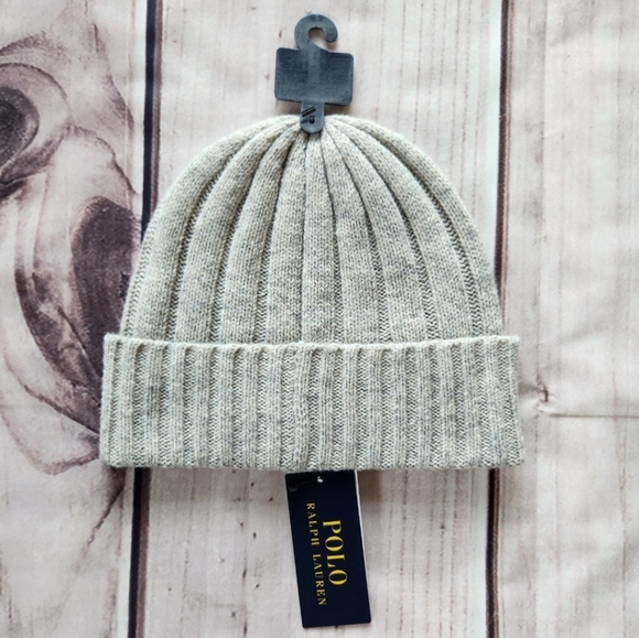 NWT Polo Ralph Lauren Beanie Wool Blend Rib Knit Cuff Pony Logo Grey Unisex - Picture 3 of 6
